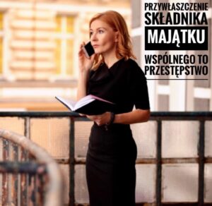 Przywłaszczenie składników majątku. Na zdjęciu kobieta rozmawia przez telefon, adwokat Anita Swacha, tekst na grafice Przywłaszczenie składnika majątku wspólnego to przestępstwo